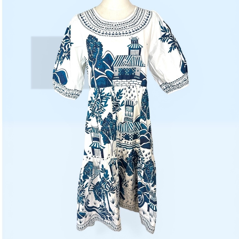 Farm Rio NWT Ancient Garden toile Pagoda Tiered Midi Dress SZSM White Blue Puff - Picture 4 of 14